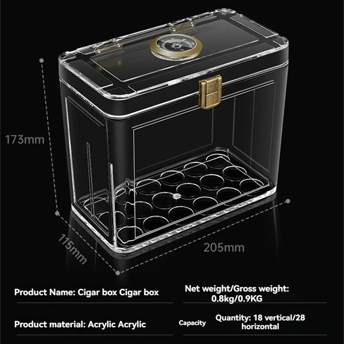 Acrylic Cigar Humidor with Hygrometer – Approx. 18 Cigars