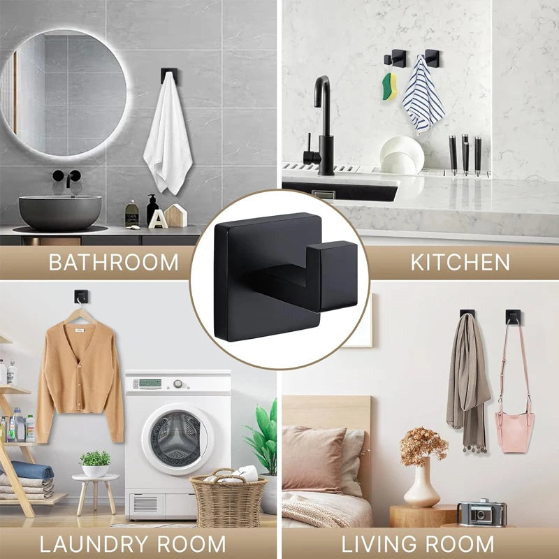 Matte Black Towel Hook Stainless Steel Heavy Duty Wall Mounted Robe Coat Hooks Bathroom Kitchen Closet Square Modern Rack