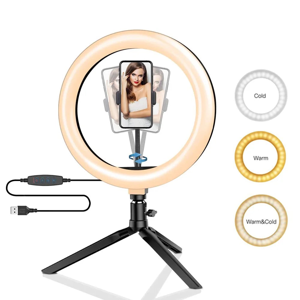 10" LED Ring Light with Tripod & Phone Holder - Dimmable Studio Light