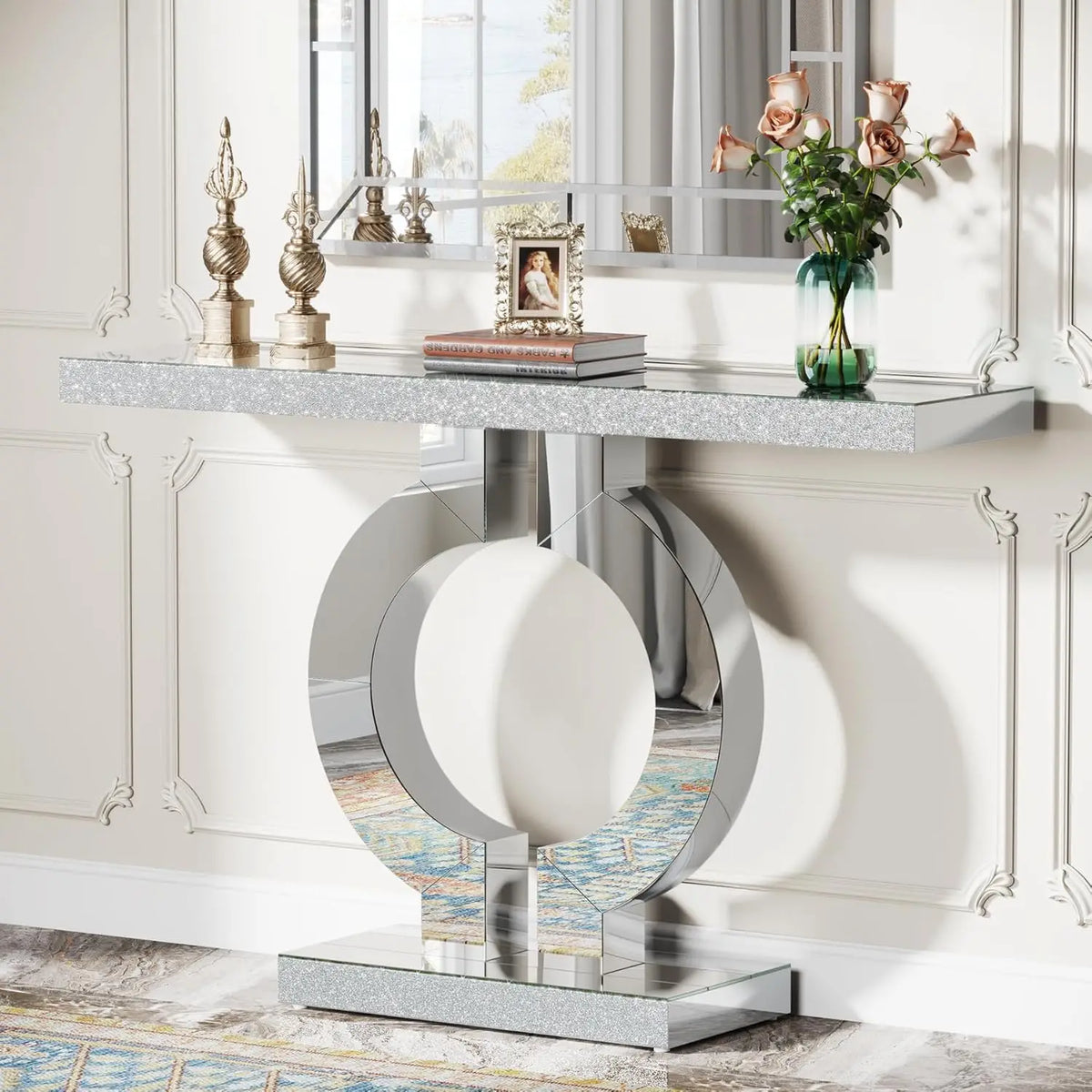 Silver Mirrored Console Table with O-Shaped Base