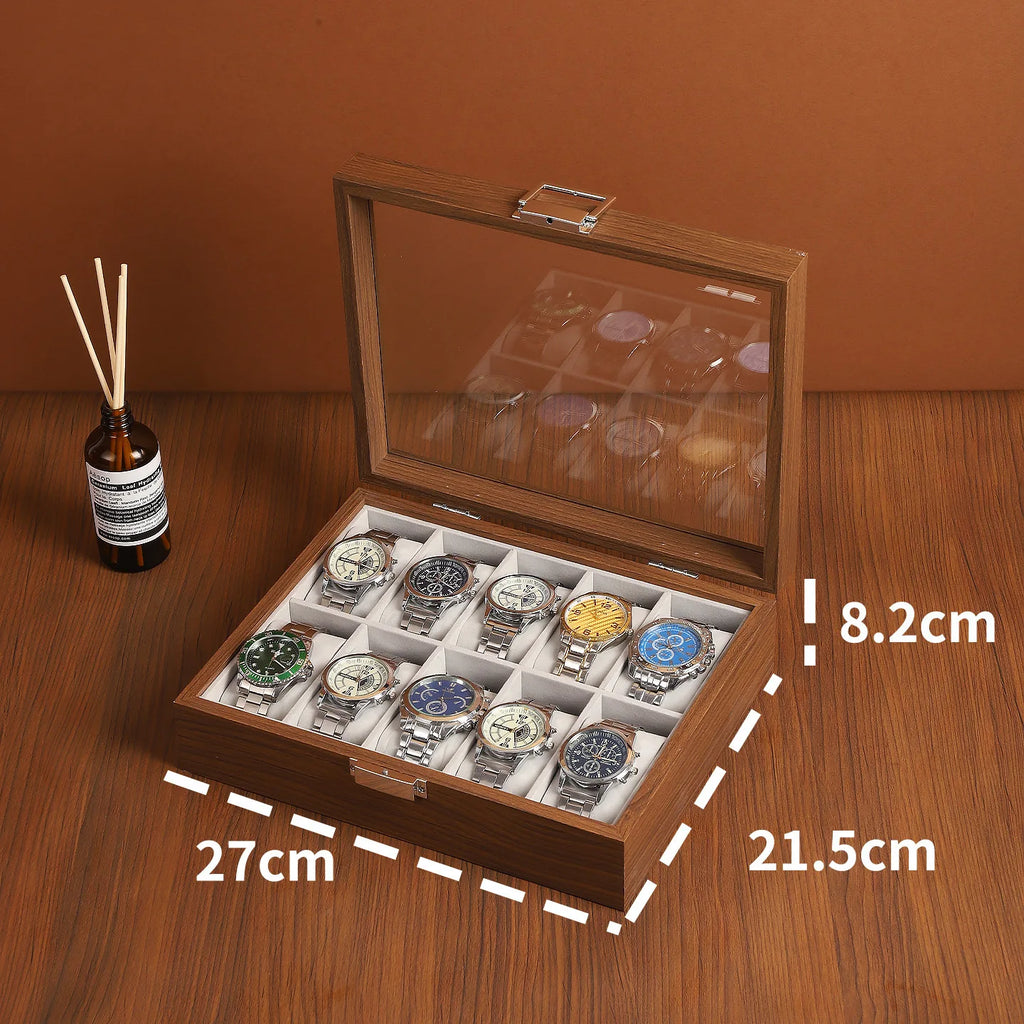 Wood-Grain Watch Display Box with Multiple Grid Options