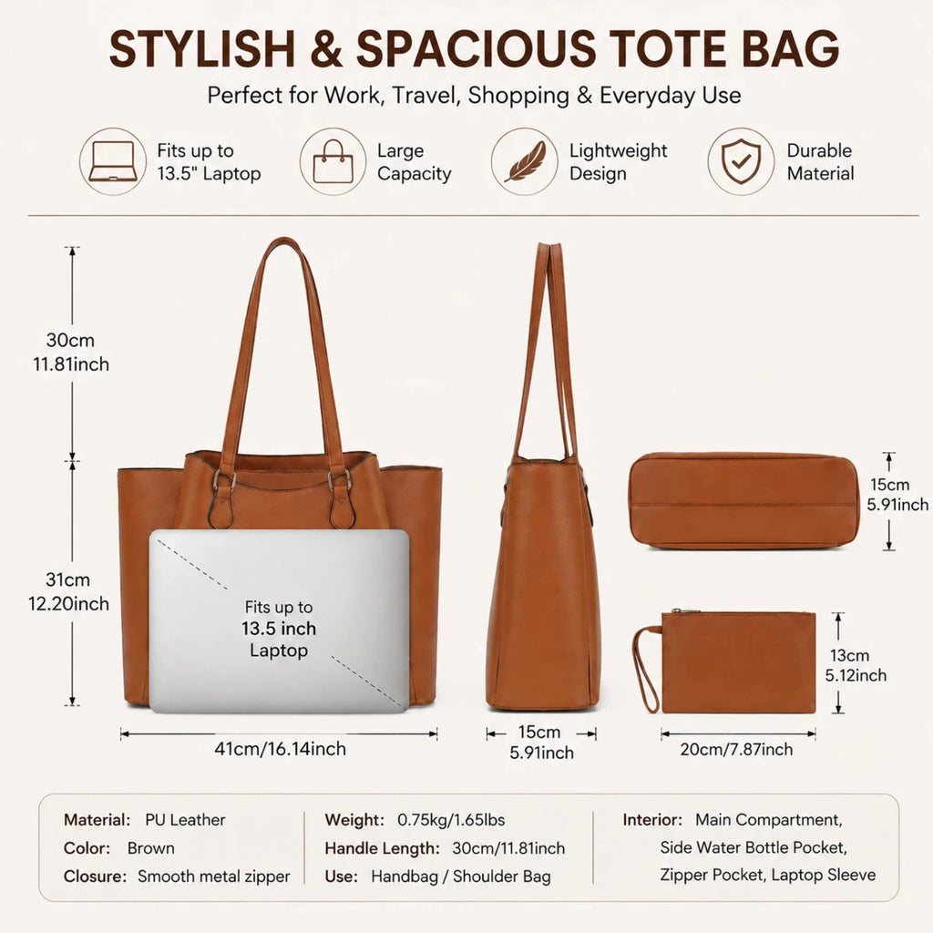 Faux Leather Tote Bag - 13.5" Laptop Work Bag with Pouch