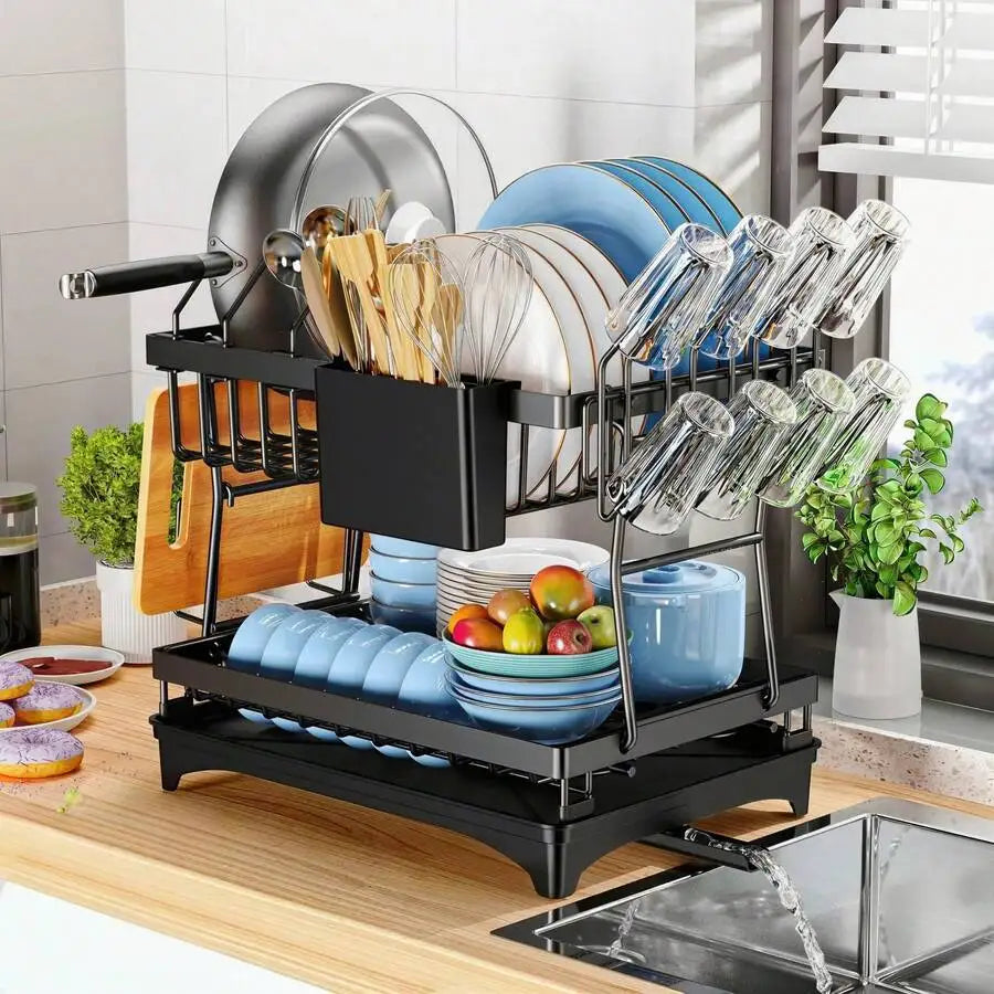 2-Tier Dish Drying Rack | Large Rustproof Kitchen Countertop Organiser with Drainage & Utensil Holder