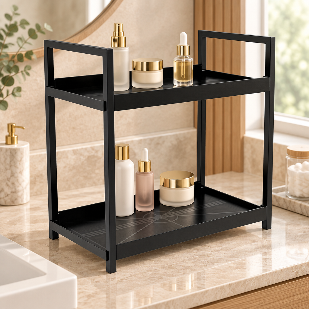 Double-layer skincare organiser in an elegant bathroom setting