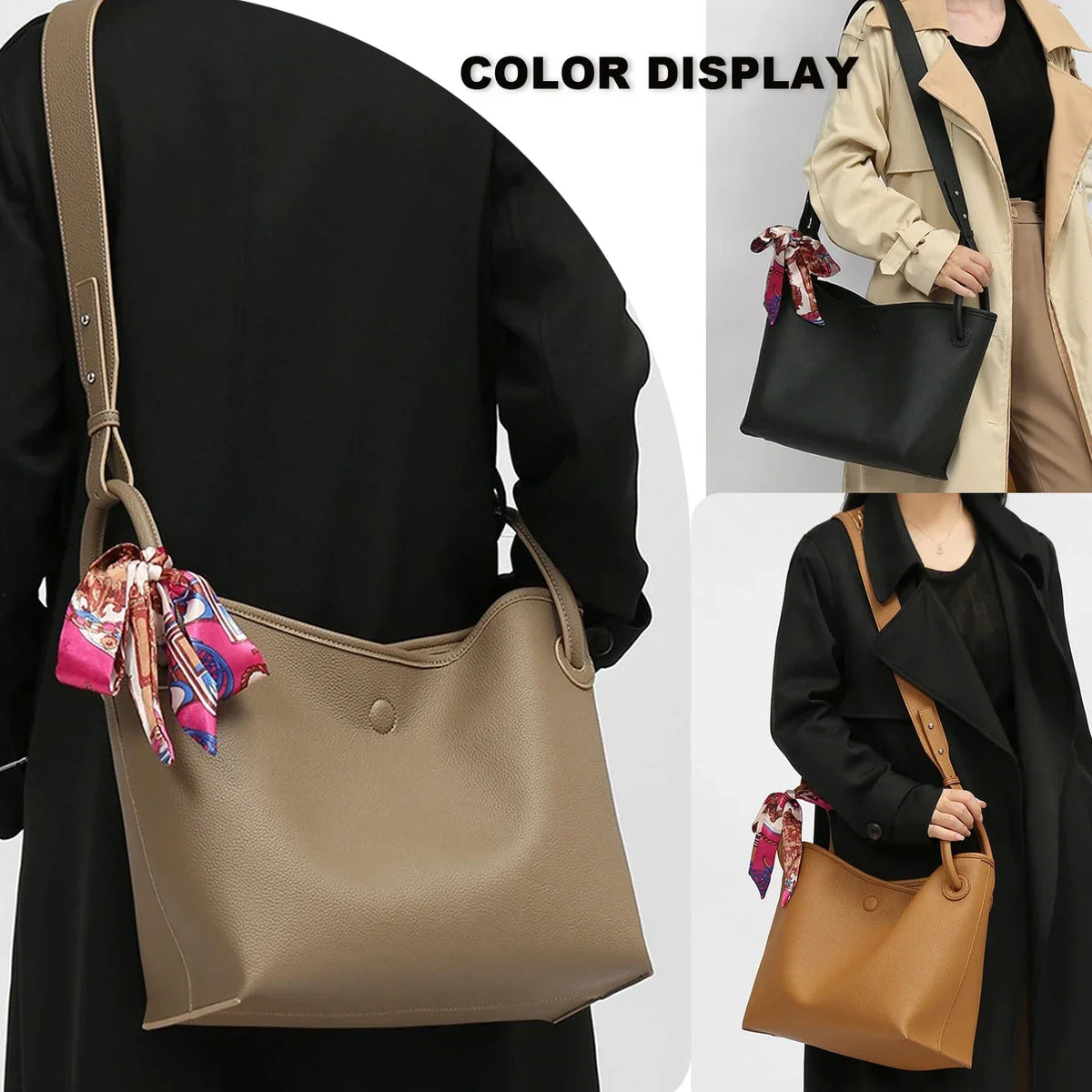 Faux Leather Shoulder Tote Bag - 2 in 1 with Detachable Pouch