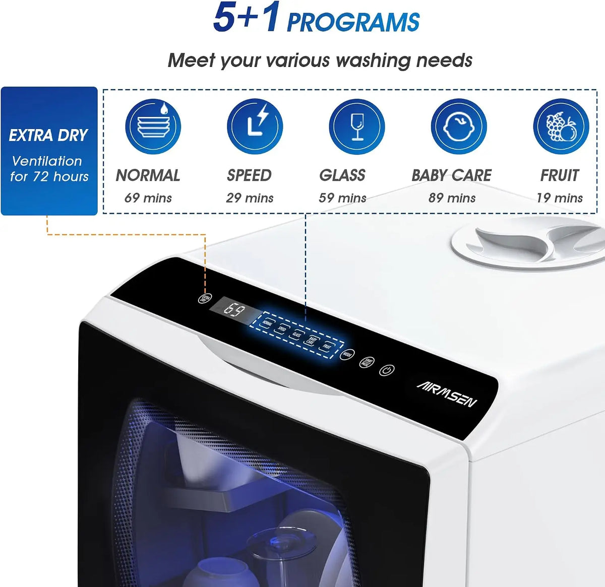 Portable Countertop Dishwasher with 5L Water Tank