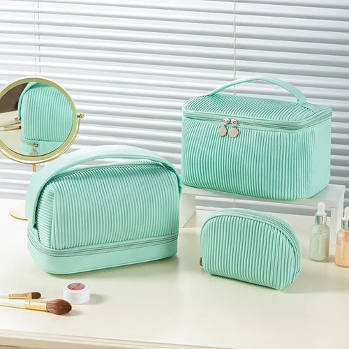 3-Piece Ribbed PU Leather Cosmetic Bag Set | Travel Toiletry Organiser for Women
