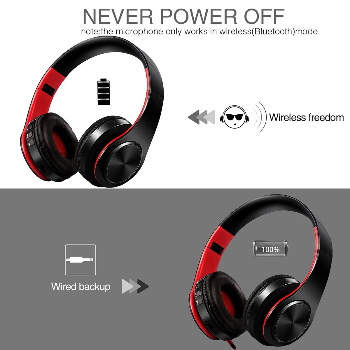 Foldable Bluetooth 5.3 Over-Ear Headphones with FM Radio & Mic