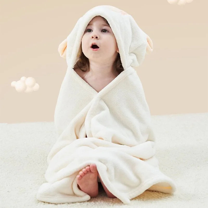 Boys Girls Hooded Bath Towel Cape Thick Coral Fleece Absorbent Wearable Baby Blanket for Nap