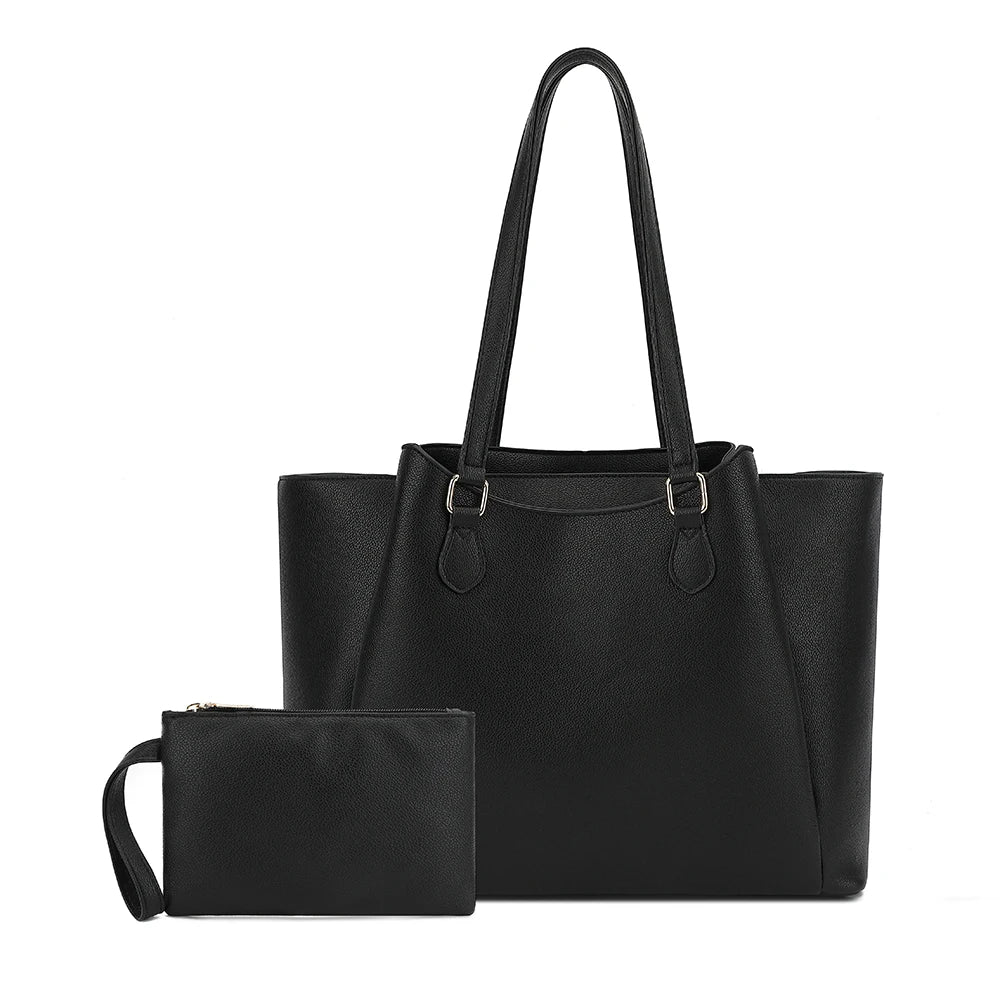 Faux Leather Tote Bag - 13.5" Laptop Work Bag with Pouch