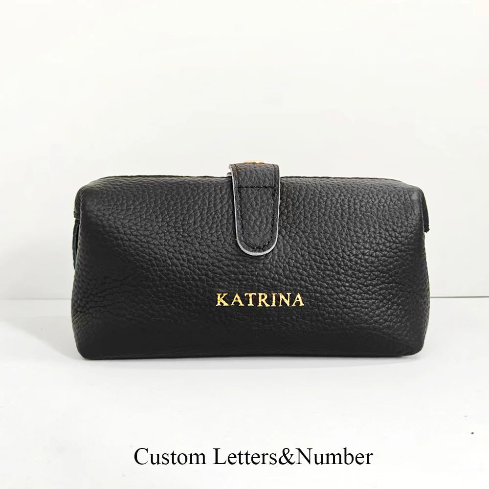Genuine Leather Women Makeup Bag Fashion Custom Letters Travel Cosmetic Kits Pouch Personalize Logo Business Small Men Wash Bag