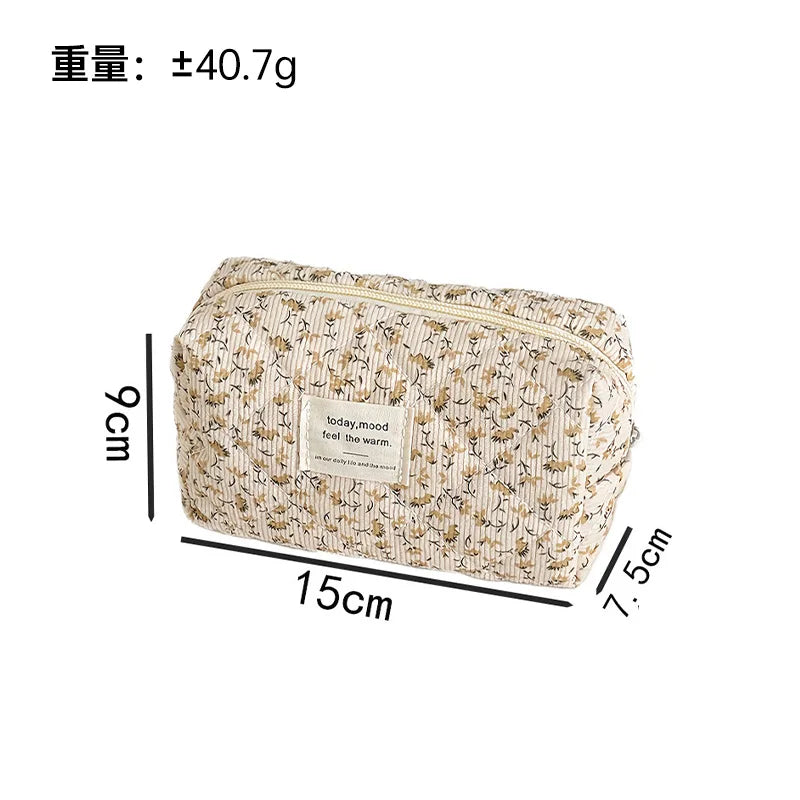 Gentle pink floral corduroy cosmetic  padded cotton large capacity storage  travel wash  pencil  bag