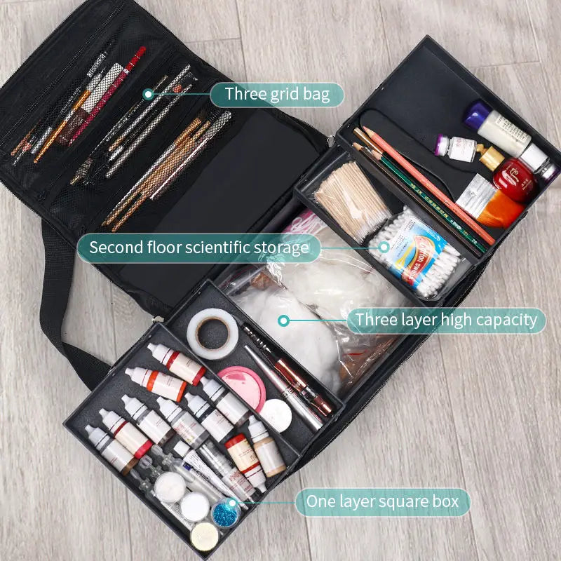Large 4-Tier Makeup Train Case - Portable Cosmetics & Nail Organizer with Adjustable Straps