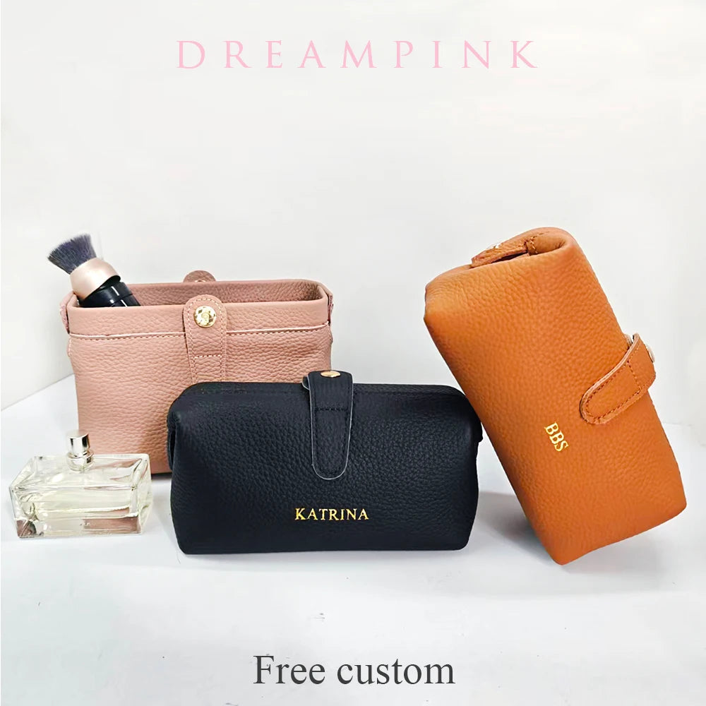 Genuine Leather Women Makeup Bag Fashion Custom Letters Travel Cosmetic Kits Pouch Personalize Logo Business Small Men Wash Bag