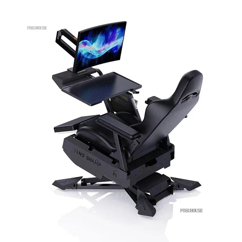 Reclining Gaming Workstation Cockpit with Monitor Stand & Work Tray