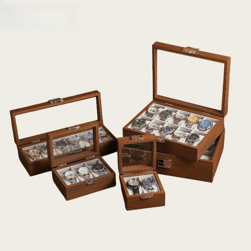 Wood-Grain Watch Display Box with Multiple Grid Options