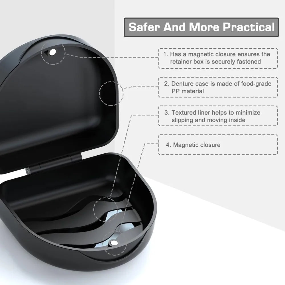 Universal Dental Storage Case Holder for Retainers Dentures Night Guards Mouth Guards Teeth Aligners Slim Braces Orthodontic Appliances and Oral Care Devices Travel Friendly Protective Box with Secure Lid Sleek Black
