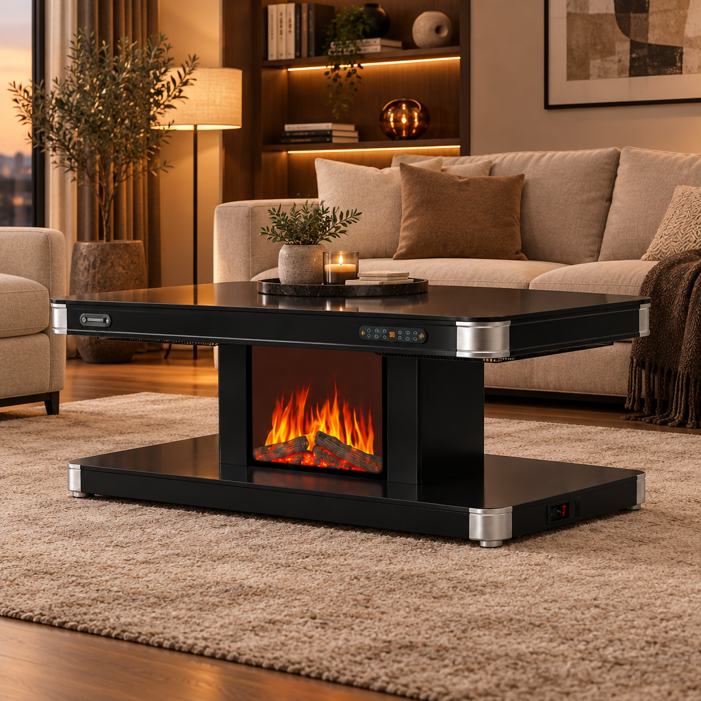 Electric heated coffee table in a modern home