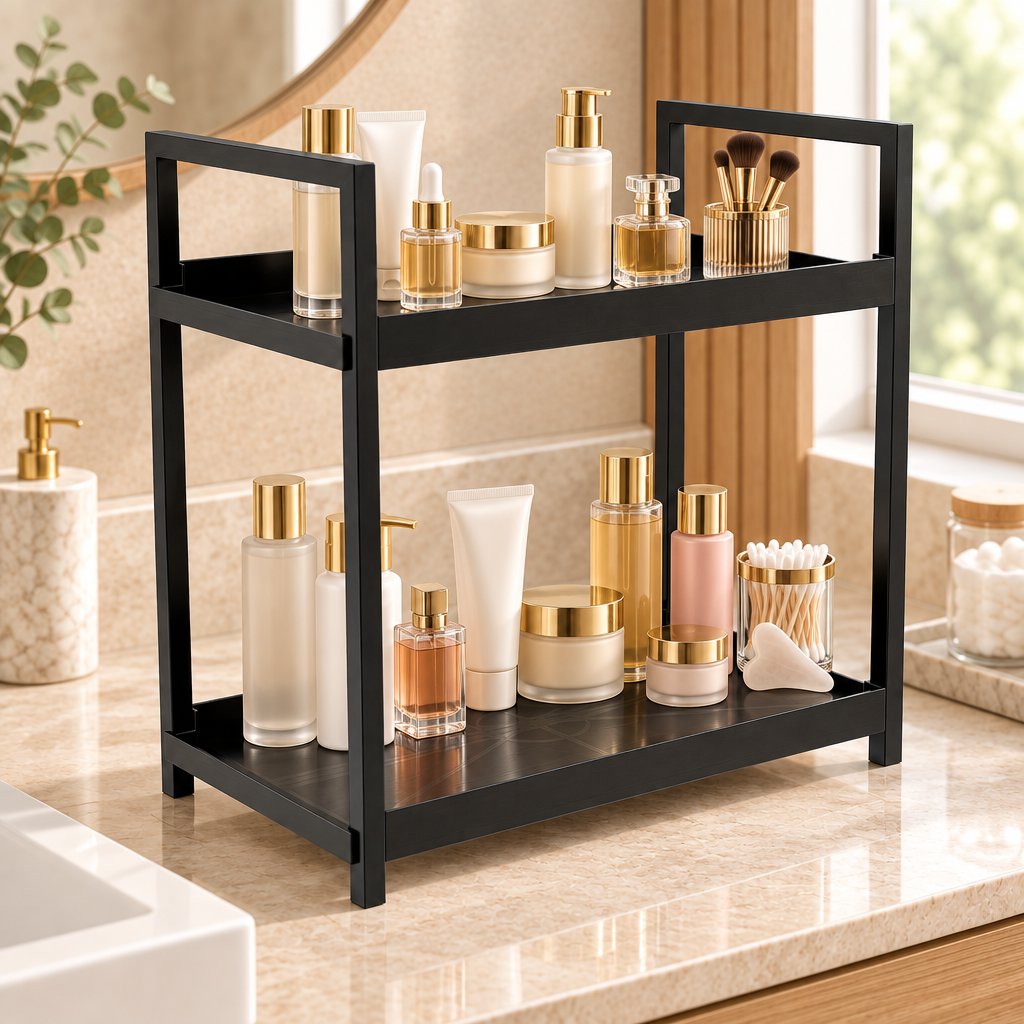 Elegantly styled skincare organiser with fuller shelves