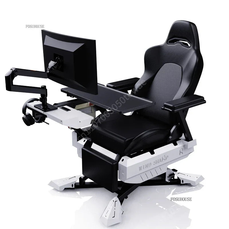 Reclining Gaming Workstation Cockpit with Monitor Stand & Work Tray