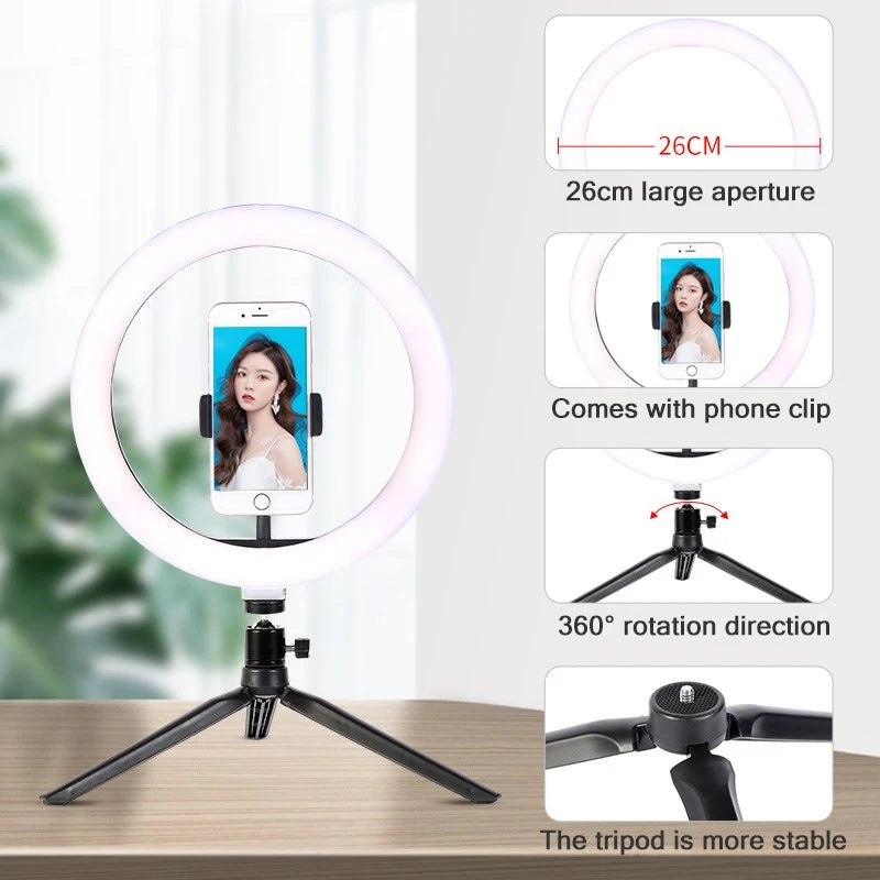 10" LED Ring Light with Tripod & Phone Holder - Dimmable Studio Light