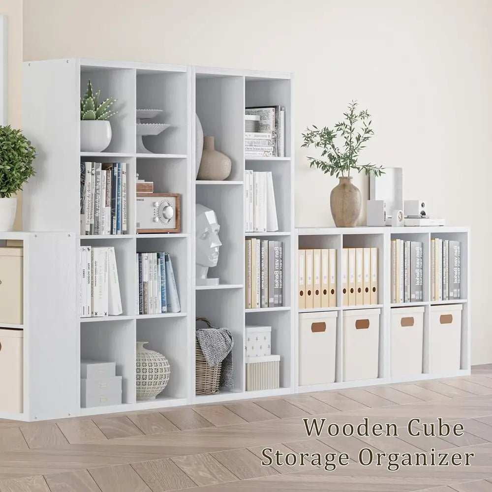 11 Inch Open Back Cube Bookcase with Thickened Border - White, 8 Cubes for Home or Office Display