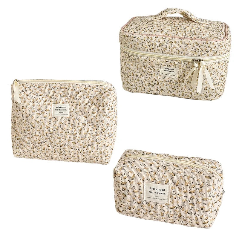 Gentle pink floral corduroy cosmetic  padded cotton large capacity storage  travel wash  pencil  bag