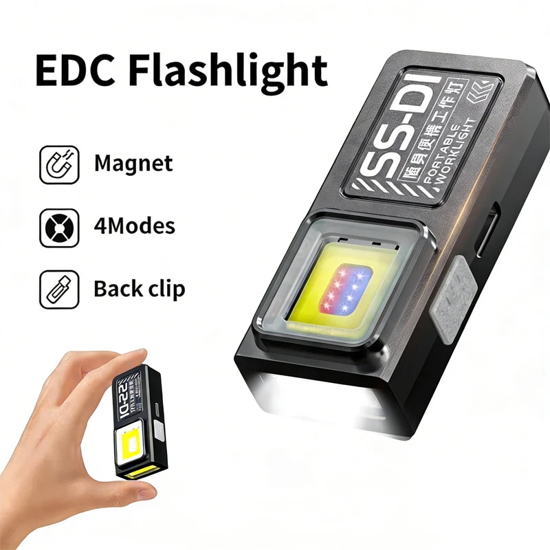 Rechargeable LED Keychain Flashlight - Mini USB-C Torch with COB Work Light and Magnet