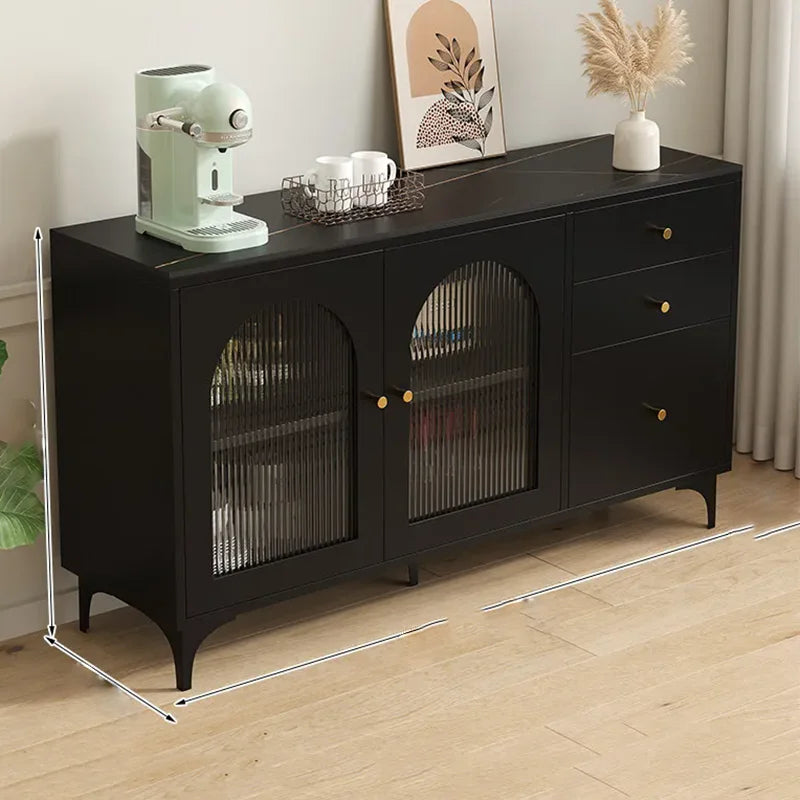 Black Sideboard Cabinet with Arched Ribbed Glass Doors