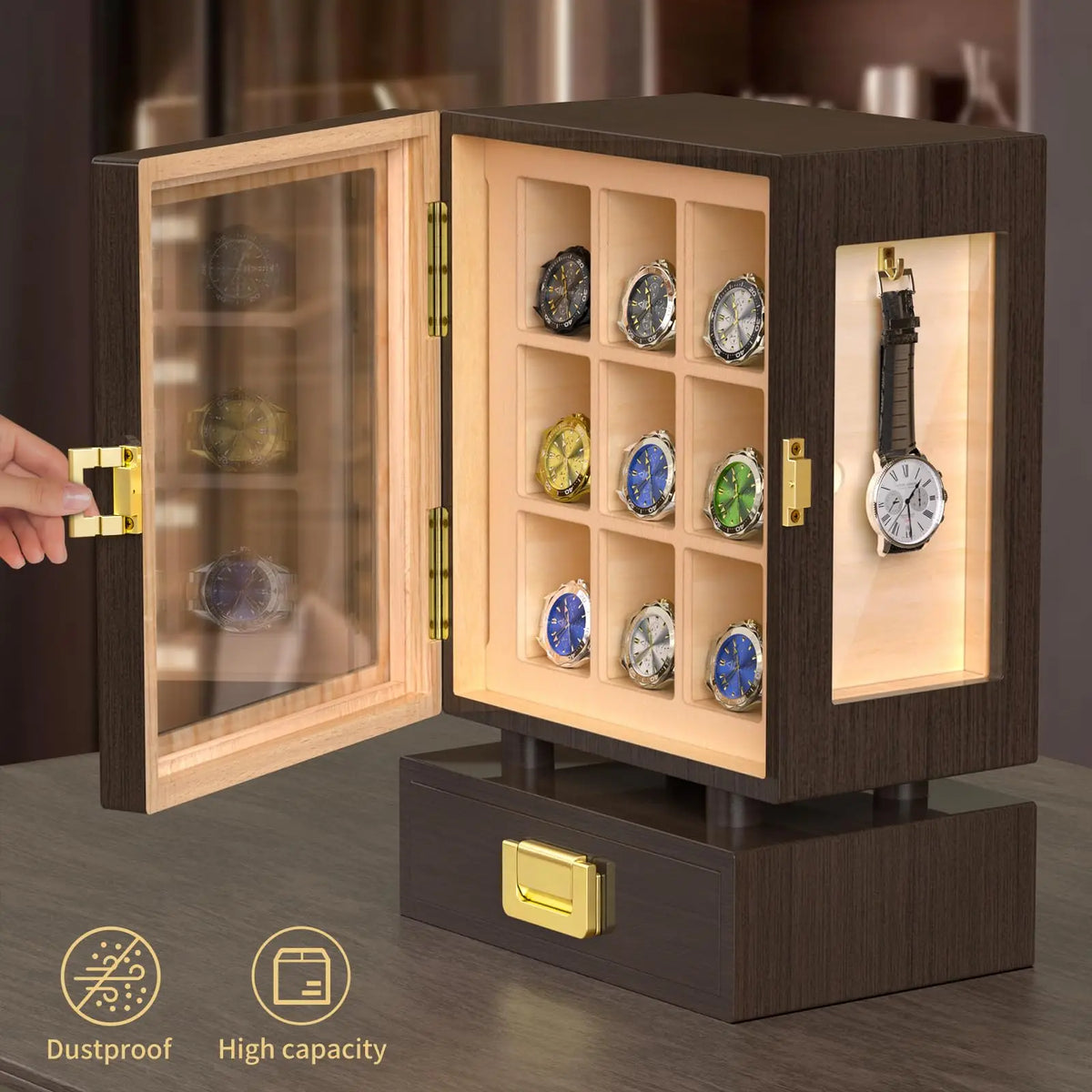 Wooden Watch Storage Box with Drawer