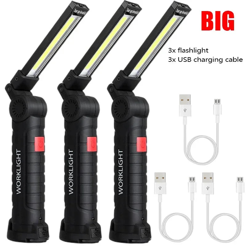 Folding COB LED Work Light - USB Rechargeable Magnetic Inspection Lamp with Hook