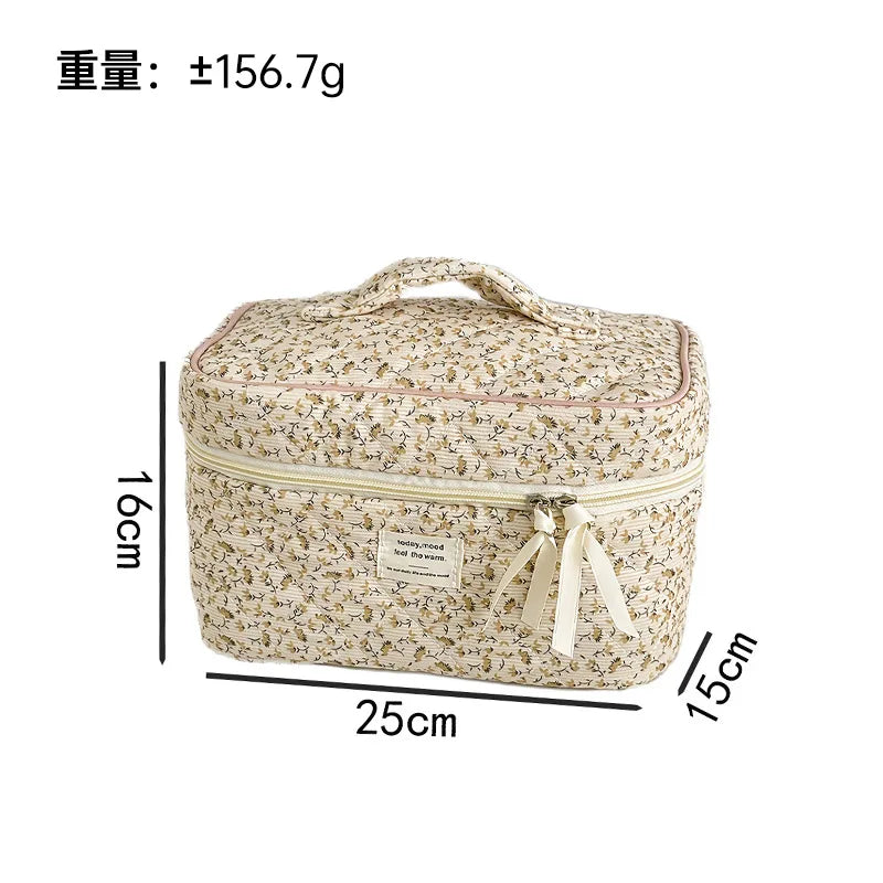 Gentle pink floral corduroy cosmetic  padded cotton large capacity storage  travel wash  pencil  bag
