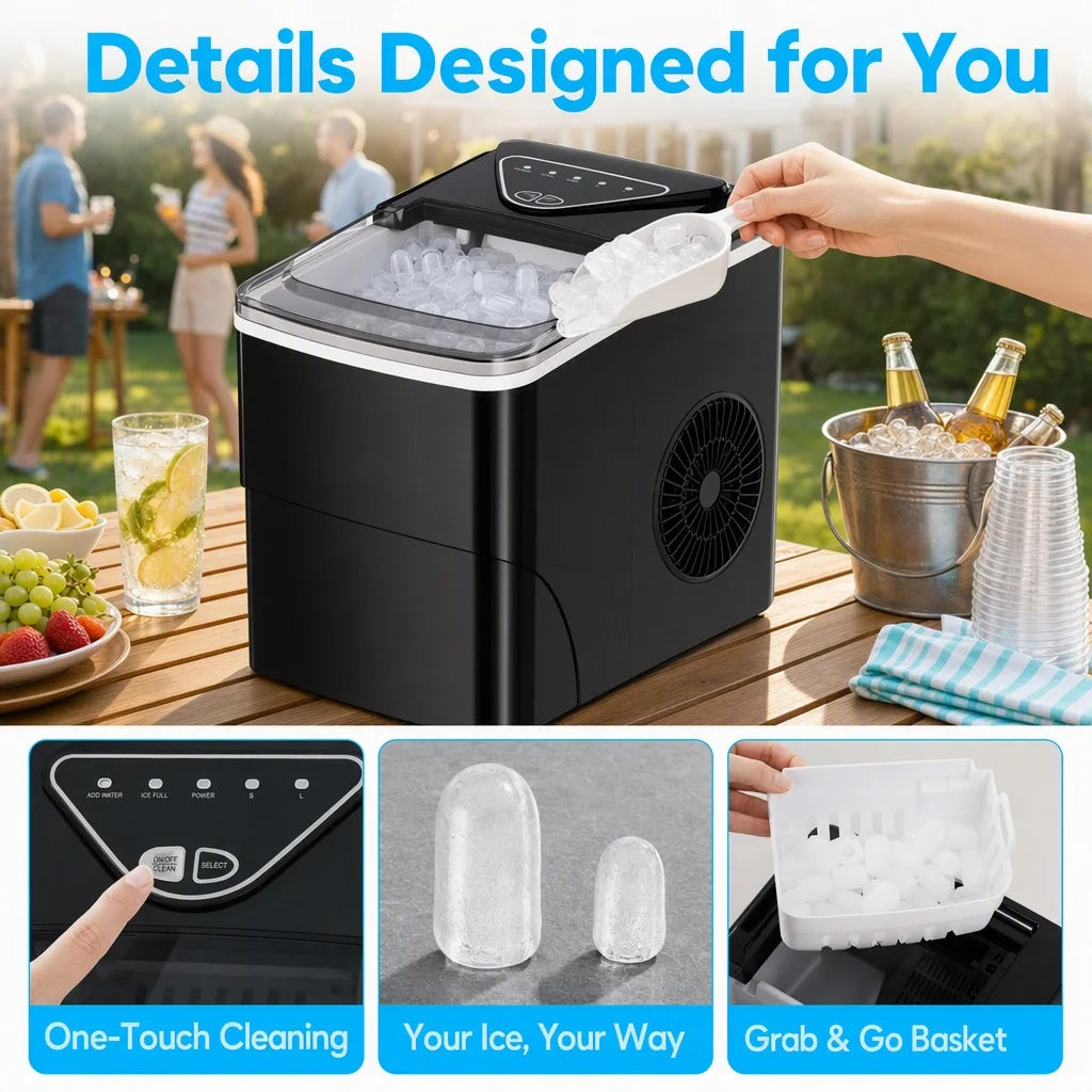 Countertop Ice Maker, Bullet Ice with Basket and Scoop