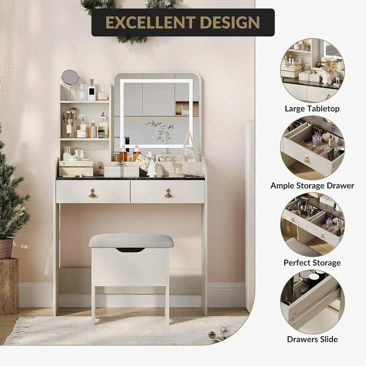LED Vanity Desk with Mirror, Charging Station and Stool