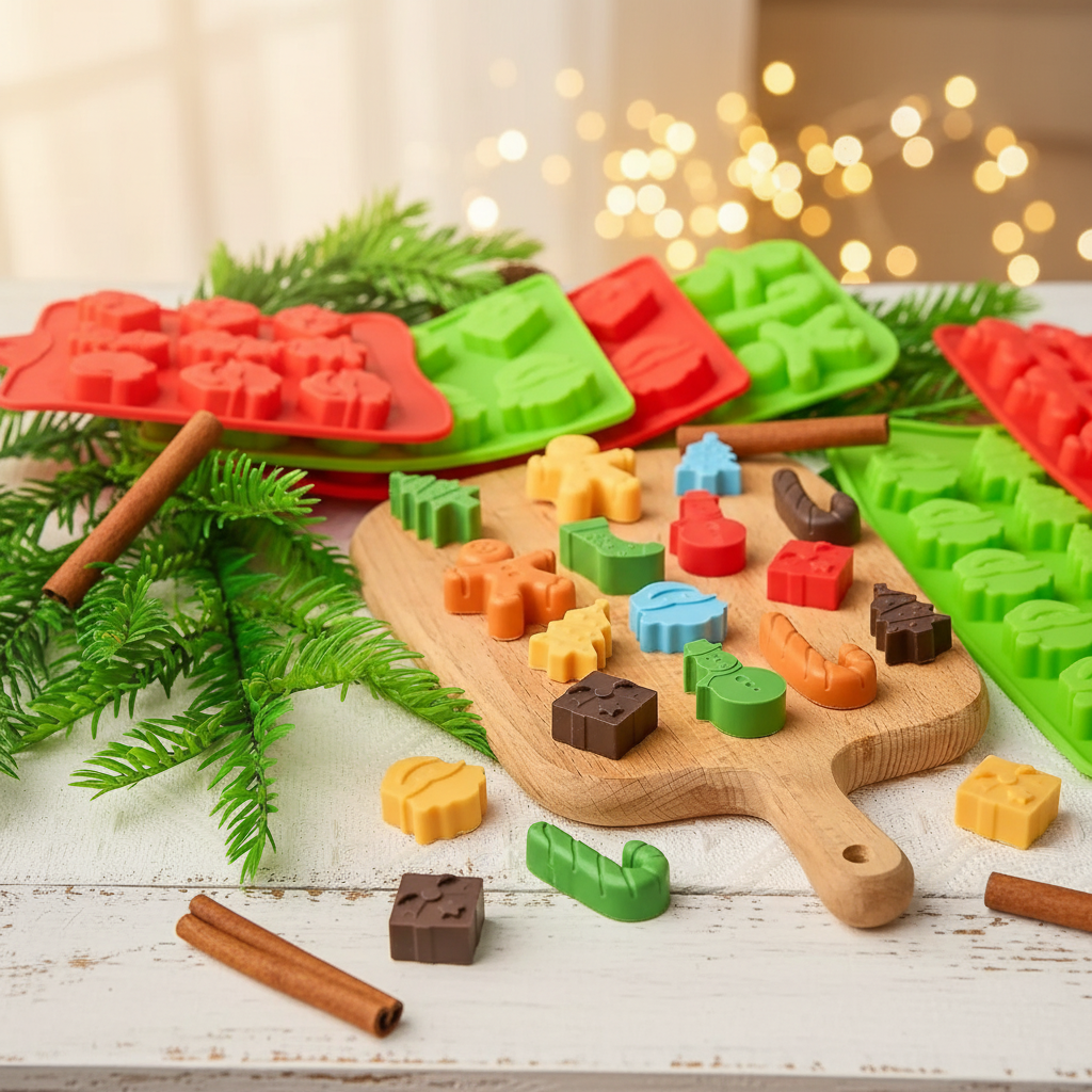Festive lifestyle photo of the Christmas silicone moulds with chocolates on a wooden board