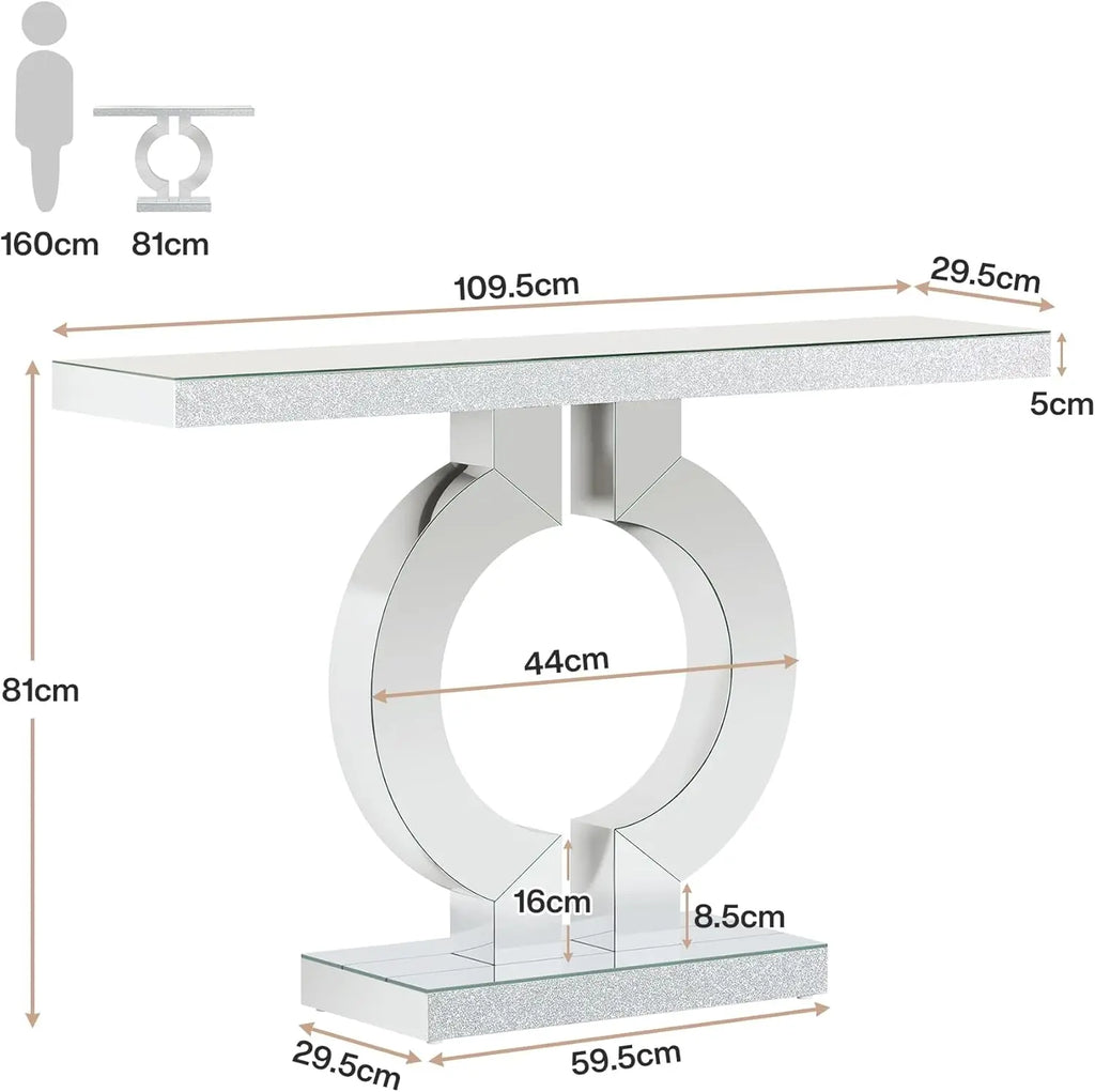 Silver Mirrored Console Table with O-Shaped Base