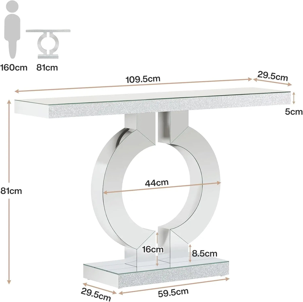 Silver Mirrored Console Table with O-Shaped Base