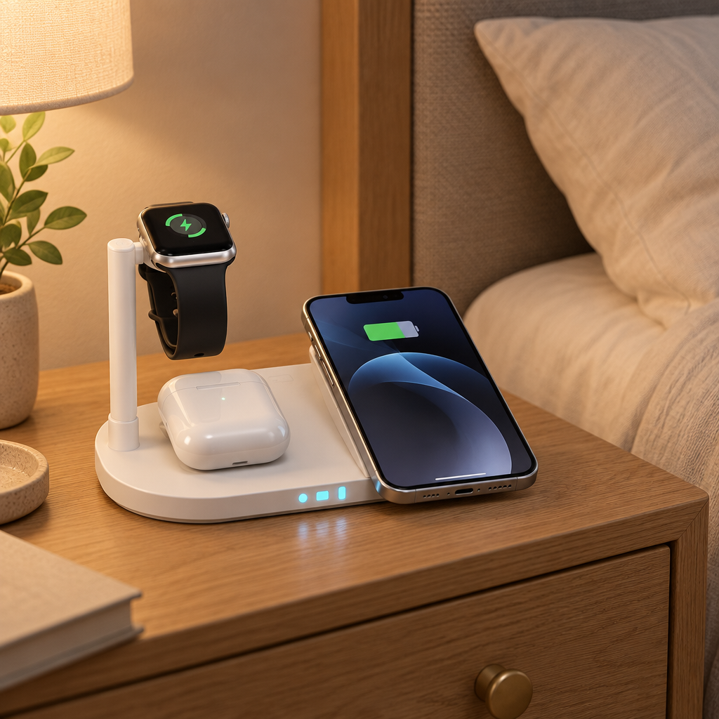Foldable wireless charger on a bedside table with phone, smartwatch and earbuds placed on the stand