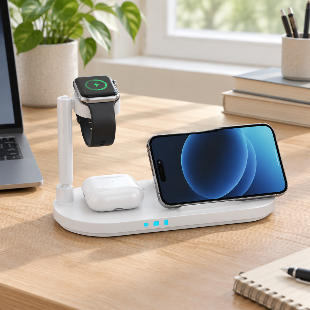 Foldable wireless charger on a home office desk with a phone in landscape position, smartwatch and earbuds