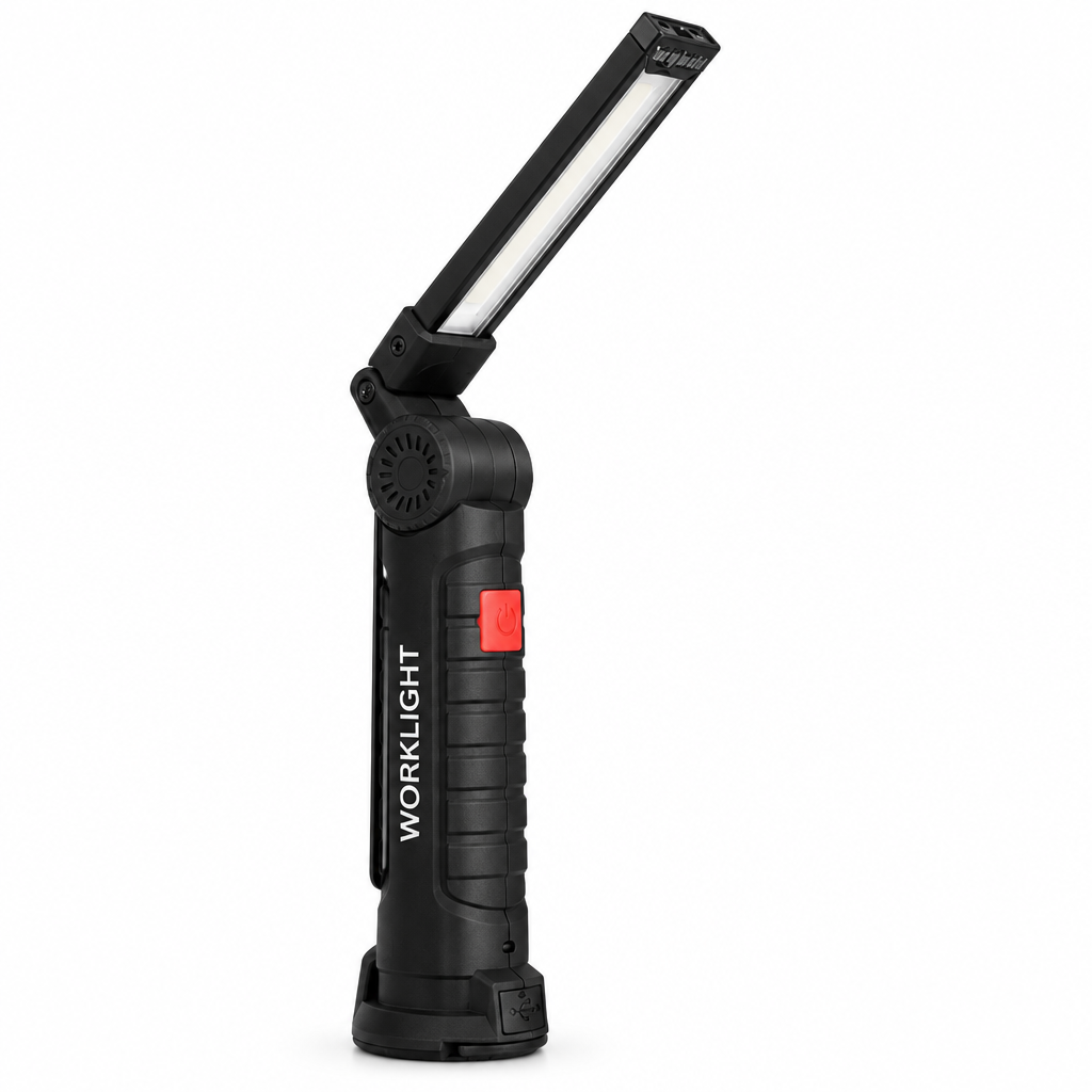 Folding COB LED work light on a white background