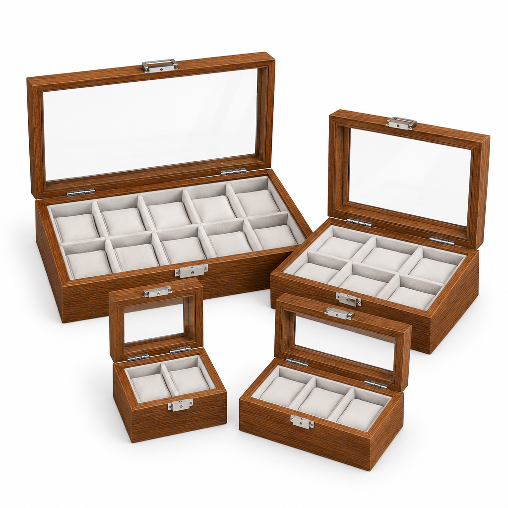 Four watch storage box options on a white background