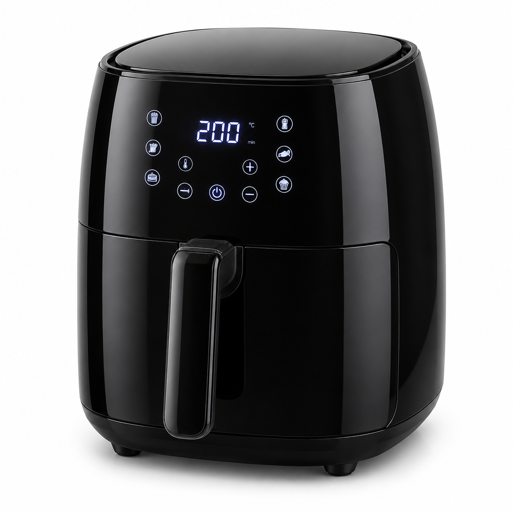 Generated black 6L digital air fryer hero image on a white background