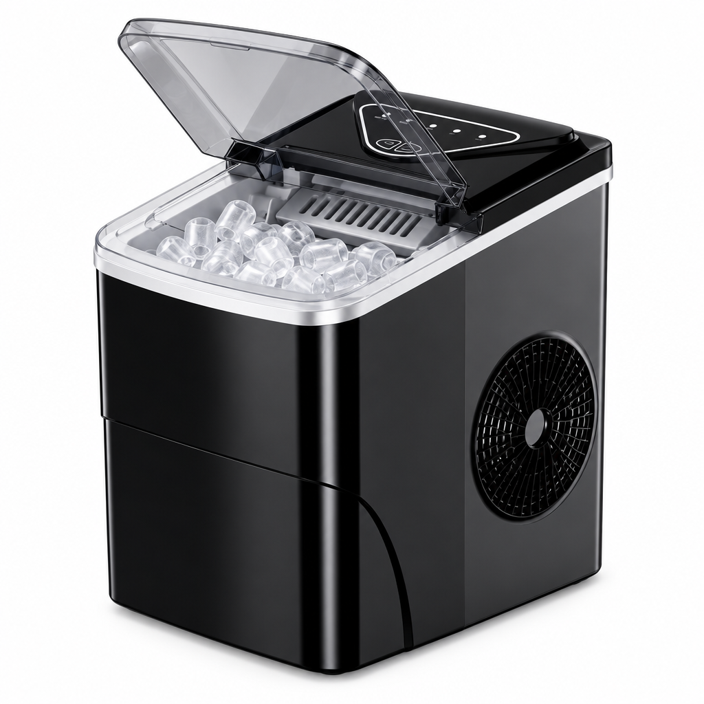 Glossy black countertop ice maker hero image, white background