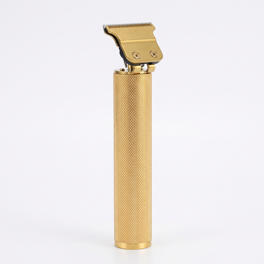 Gold T9 cordless hair trimmer with zero-gap T-blade, all-metal textured body, upright studio shot on white background