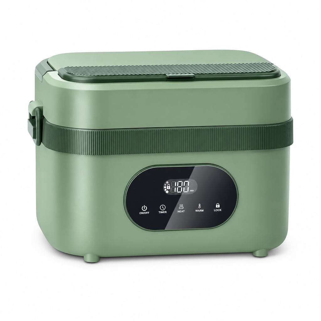 Green heated lunch box hero on a white background