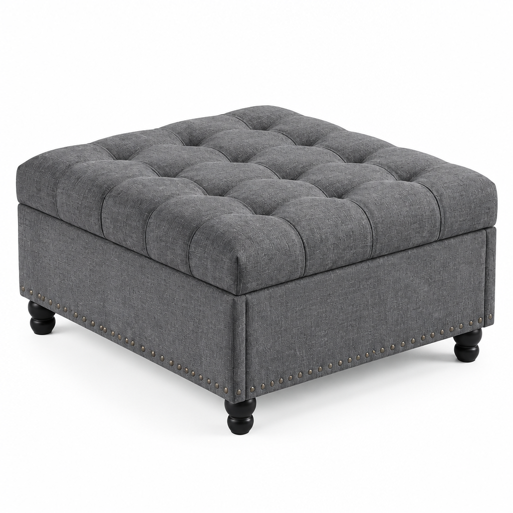Grey square lift-top storage ottoman on a white background