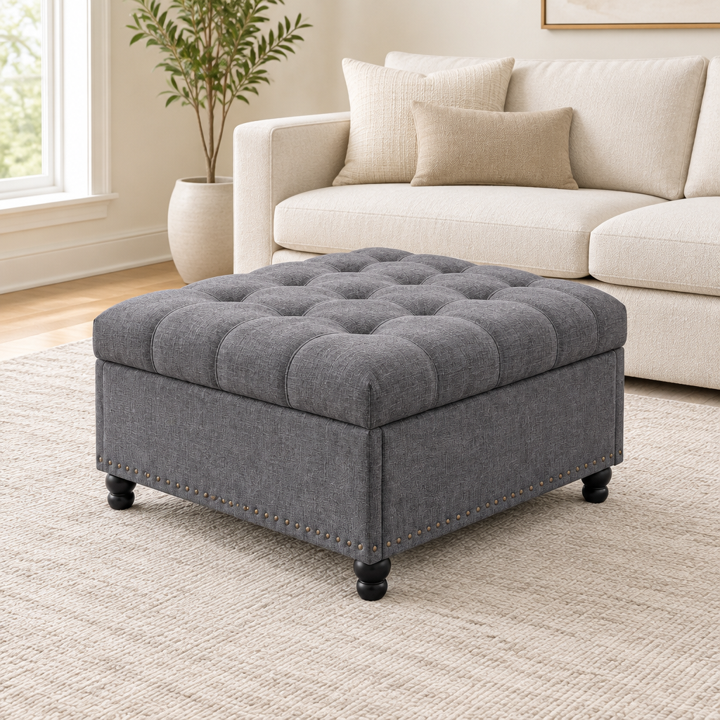 Grey tufted storage ottoman in a clean neutral living room