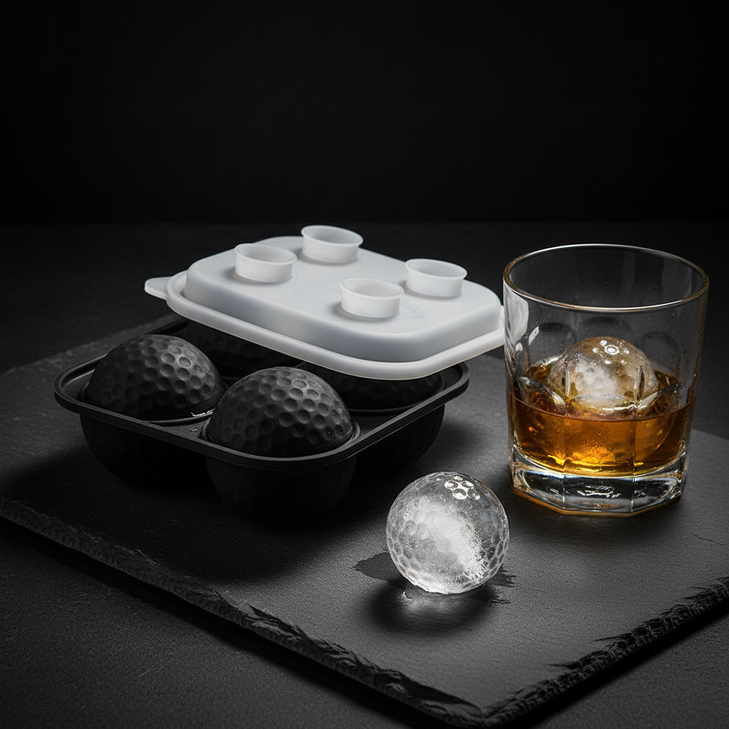 Hero photo of the black silicone ice ball mould with dimpled ice spheres and a whisky tumbler on dark slate