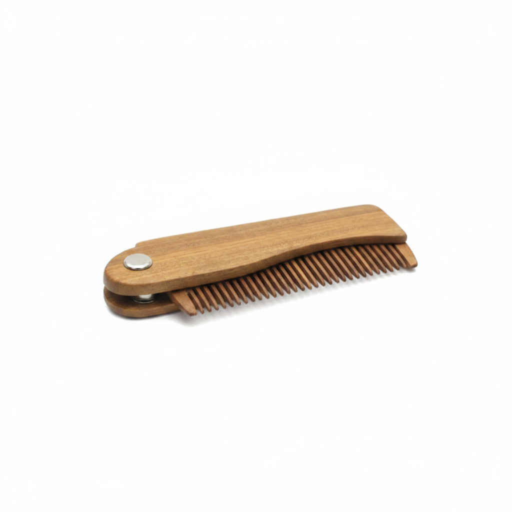 Foldable Sandalwood Beard & Hair Comb — Closed, Pocket-Sized View