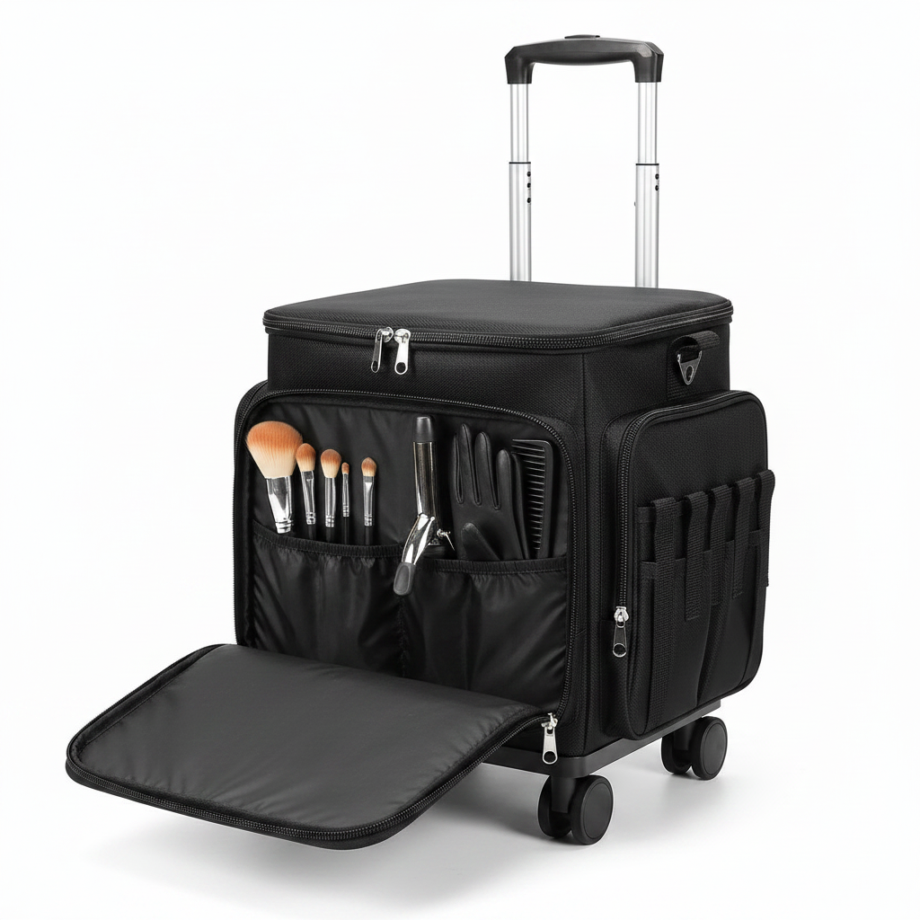 Professional Rolling Makeup & Hair Tools Trolley Case | Hairstylist Travel Bag on Wheels with 6 Clear Bags